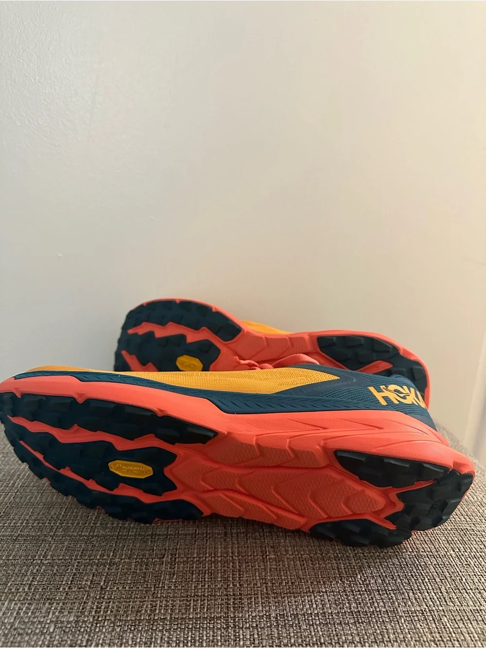 Hoka Women's Yellow Running Shoes with Coral and Navy Accents